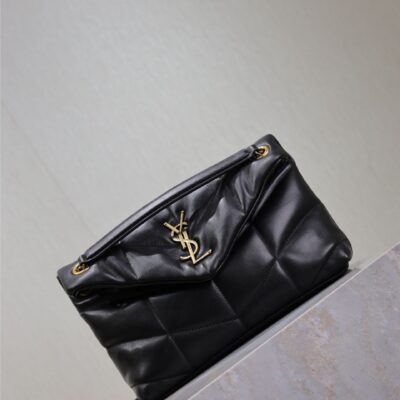 YSL 25S LOULOU PUFFER MM 29 IN BLACK CALFSKIN GOLD HARDWRE