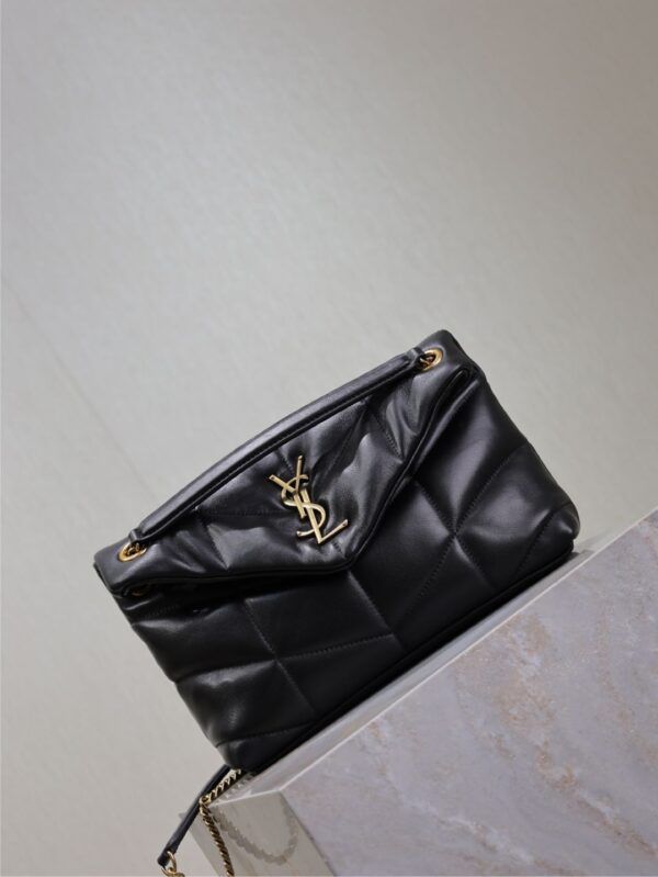 YSL 25S LOULOU PUFFER MM 29 IN BLACK CALFSKIN GOLD HARDWARE