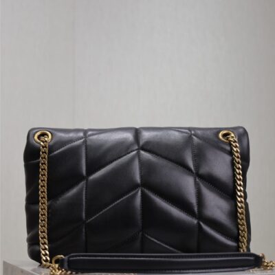 YSL 25S LOULOU PUFFER MM 29 IN BLACK CALFSKIN GOLD HARDWRE