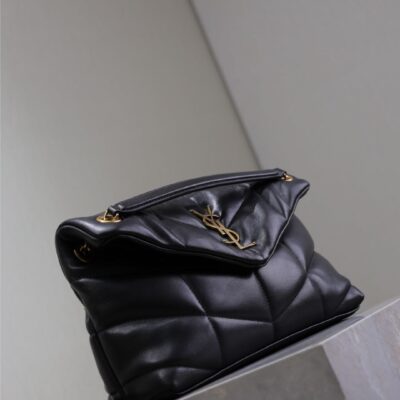 YSL 25S LOULOU PUFFER MM 29 IN BLACK CALFSKIN GOLD HARDWARE