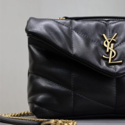 YSL 25S LOULOU PUFFER MINI 23 IN BLACK CALFSKIN GOLD HARDWARE