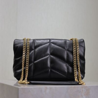 YSL 25S LOULOU PUFFER MINI 23 IN BLACK CALFSKIN GOLD HARDWARE