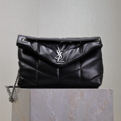 YSL 25S LOULOU PUFFER GM 35 IN BLACK CALFSKIN SILVER HARDWARE