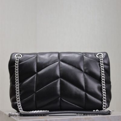 YSL 25S LOULOU PUFFER MM 29 IN BLACK CALFSKIN SILVER HARDWARE