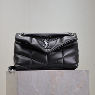 YSL 25S LOULOU PUFFER MM 29 IN BLACK CALFSKIN SILVER HARDWARE