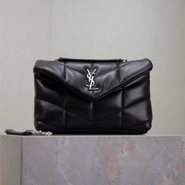 YSL 25S LOULOU PUFFER MINI 23 IN BLACK CALFSKIN SILVER HARDWARE