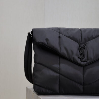 YSL 25S LOULOU PUFFER BAG 34 IN BLACK NYLON BLACK HARDWARE
