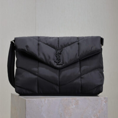 YSL 25S LOULOU PUFFER BAG 34 IN BLACK NYLON BLACK HARDWARE