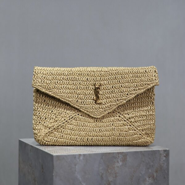 YSL 25S CASSANDRE LARGE ENVELOPE POUCH 29 IN NATURAL RAFFIA GOLD HARDWARE