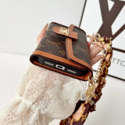 Luxury Leather LV Phone Case with Flip Wallet and Chain For iPhone 12-18 Pro & Pro Max